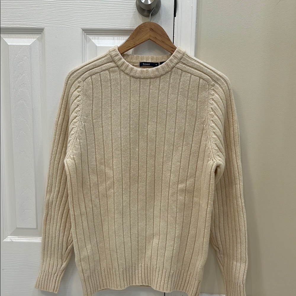 Bossini Men's Ribbed Cream Crewneck Sweater 100% Lambswool
